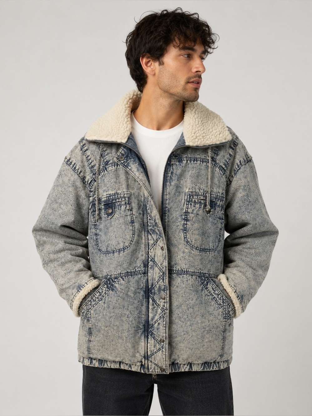 East West by the Panda Group Inc Vintage Acid Wash Denim Sherpa Jacket M